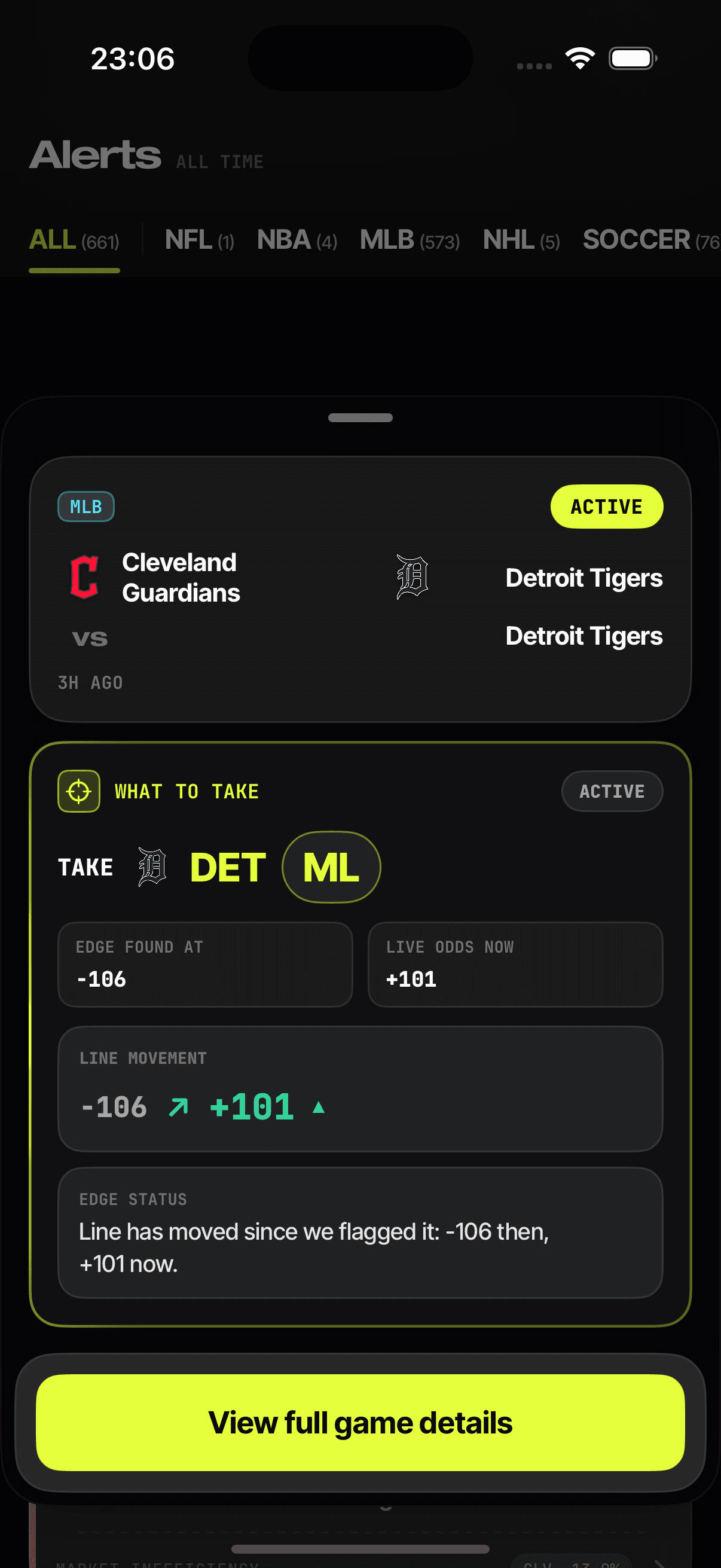 Midgame Alert Detail on iPhone showing an analytical pick and its line